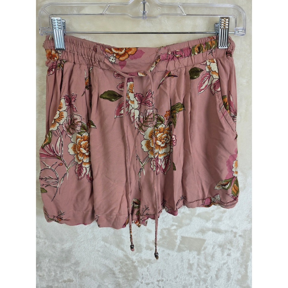 Angie Womens Pink Floral Rayon‎ Boho Shorts Elastic Waist Drawstring Medium